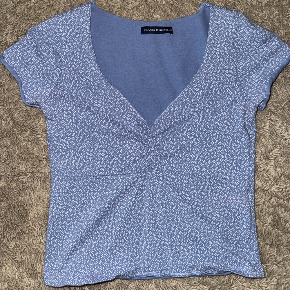 Brandy Blue V-neck Short Sleeve Fitted Ruched Blouse